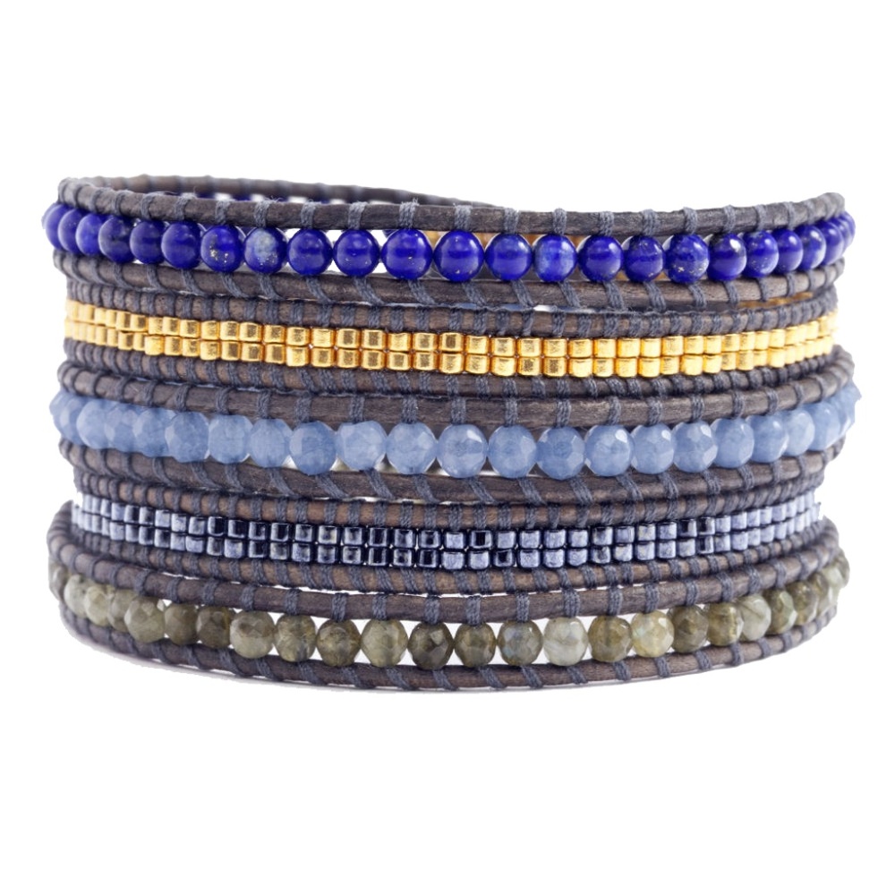 CHAN LUU CRYSTAL & LEATHER WRAP BRACELET BLUE MIX